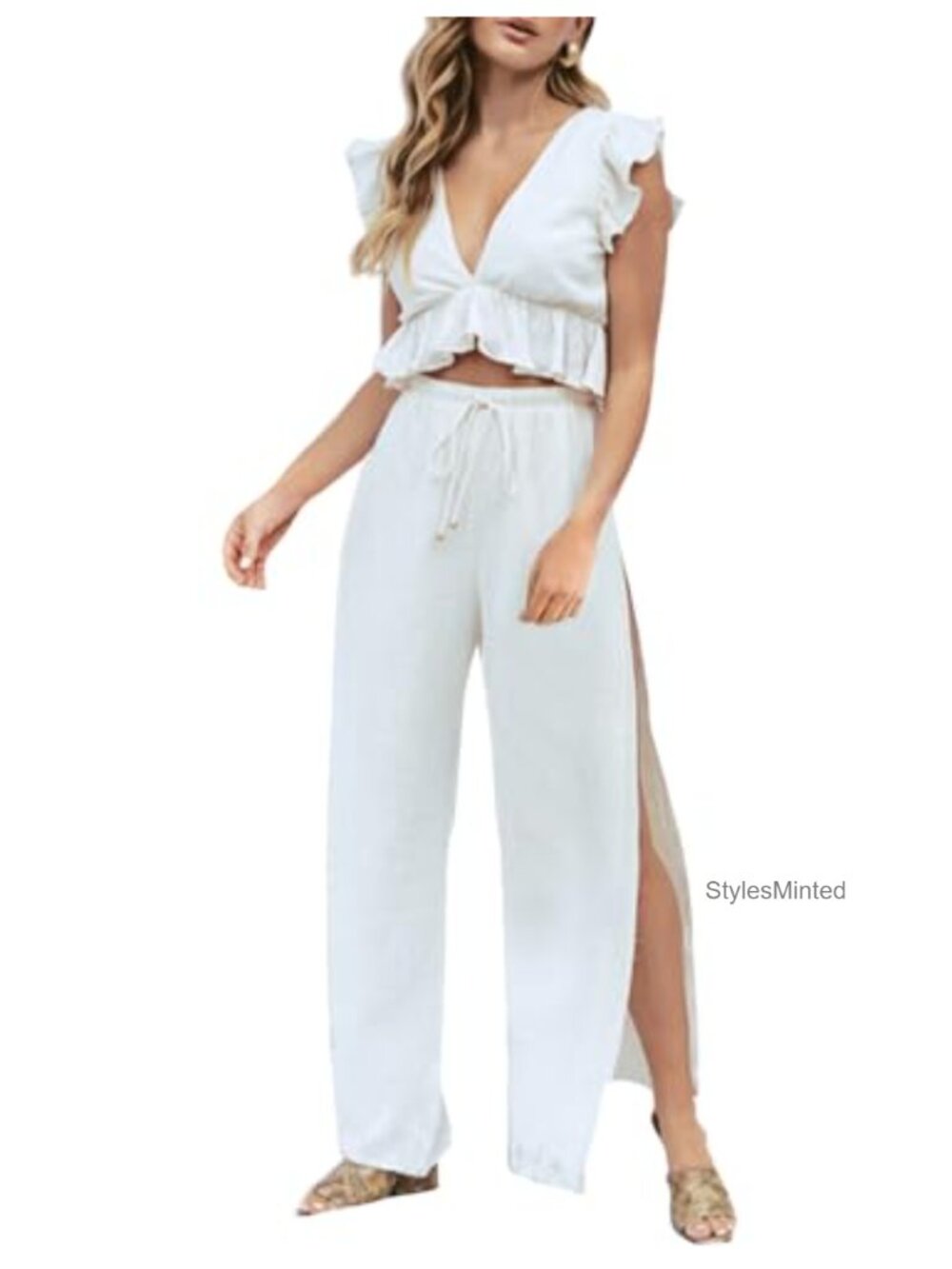 FANCYINN Women's 2 Piece Outfit Ruffle Crop Top Wide Leg Pants Set